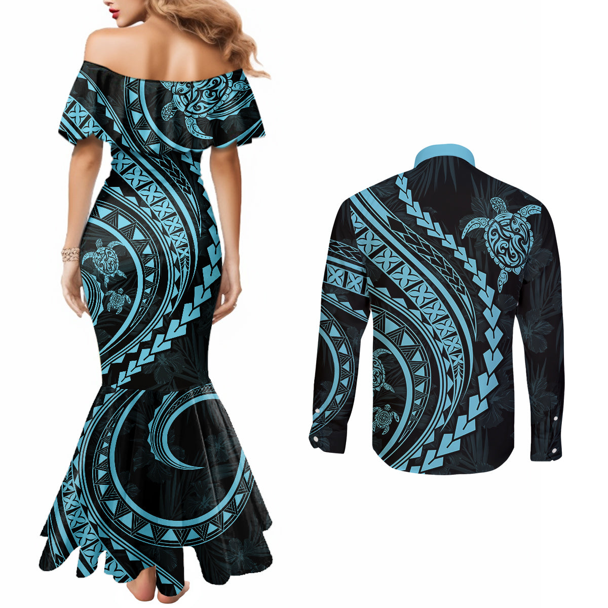 polynesian-pride-couples-matching-mermaid-dress-and-long-sleeve-button-shirts-turtle-hibiscus-luxury-style-aquamarine
