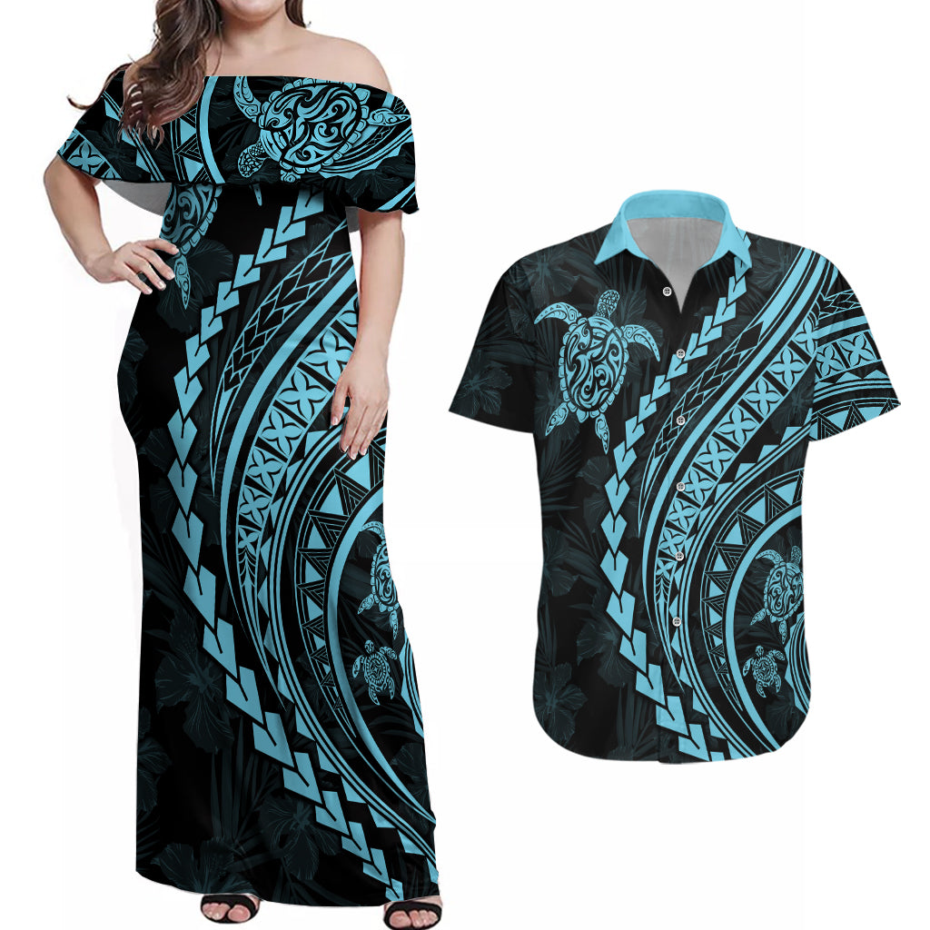Polynesian Pride Couples Matching Off Shoulder Maxi Dress and Hawaiian Shirt Turtle Hibiscus Luxury Style - Aquamarine LT7 - Wonder Print Shop