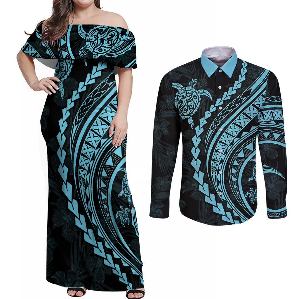 Polynesian Pride Couples Matching Off Shoulder Maxi Dress and Long Sleeve Button Shirts Turtle Hibiscus Luxury Style - Aquamarine LT7 - Wonder Print Shop