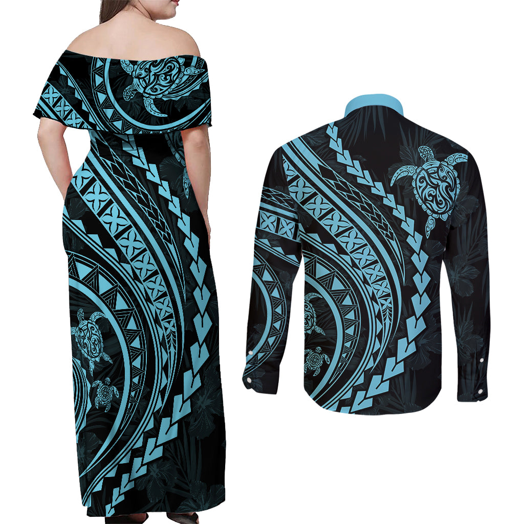 Polynesian Pride Couples Matching Off Shoulder Maxi Dress and Long Sleeve Button Shirts Turtle Hibiscus Luxury Style - Aquamarine LT7 - Wonder Print Shop