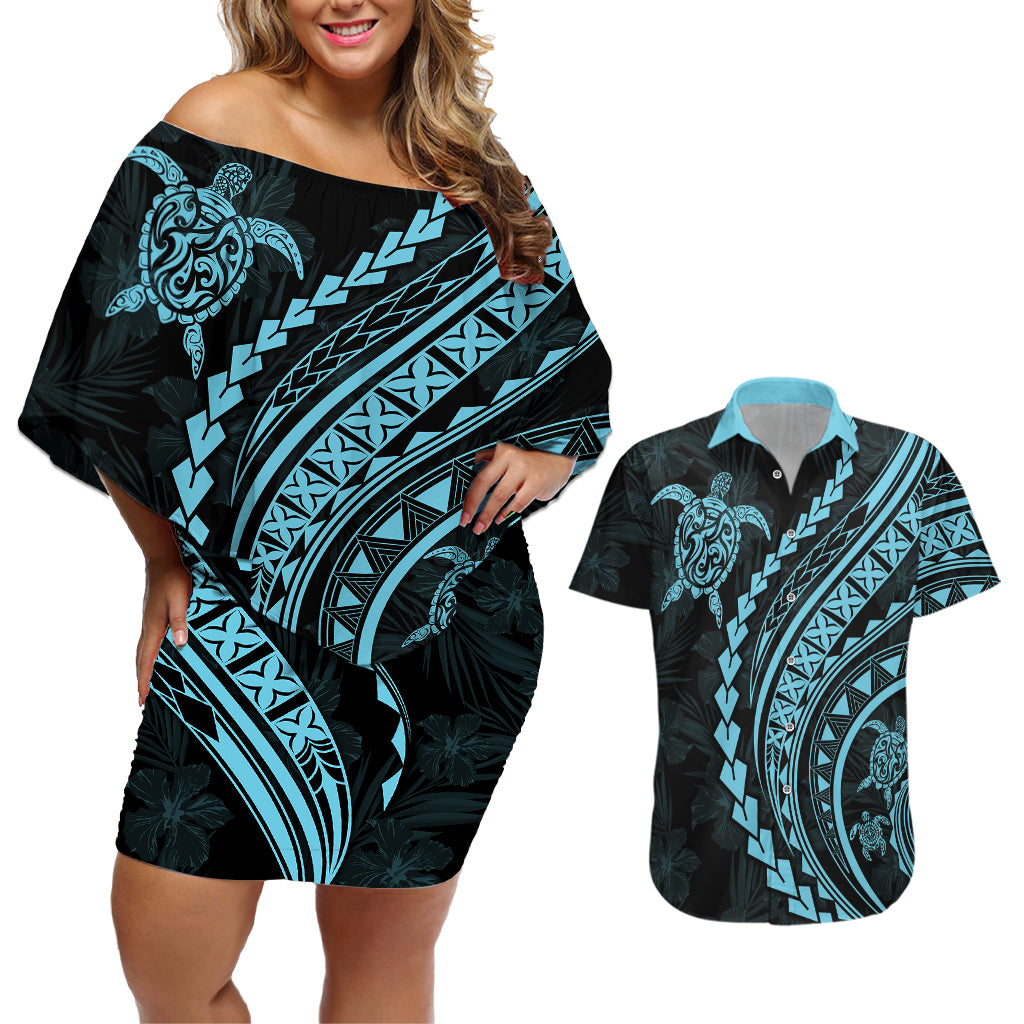 Polynesian Pride Couples Matching Off Shoulder Short Dress and Hawaiian Shirt Turtle Hibiscus Luxury Style - Aquamarine LT7 - Wonder Print Shop