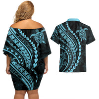 Polynesian Pride Couples Matching Off Shoulder Short Dress and Hawaiian Shirt Turtle Hibiscus Luxury Style - Aquamarine LT7 - Wonder Print Shop