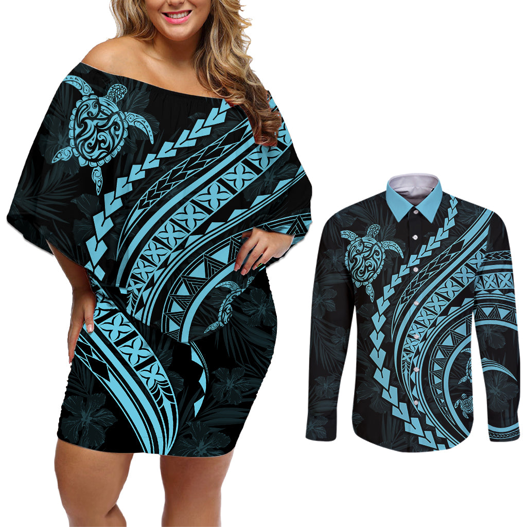 Polynesian Pride Couples Matching Off Shoulder Short Dress and Long Sleeve Button Shirts Turtle Hibiscus Luxury Style - Aquamarine LT7 - Wonder Print Shop