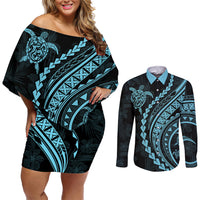 Polynesian Pride Couples Matching Off Shoulder Short Dress and Long Sleeve Button Shirts Turtle Hibiscus Luxury Style - Aquamarine LT7 - Wonder Print Shop