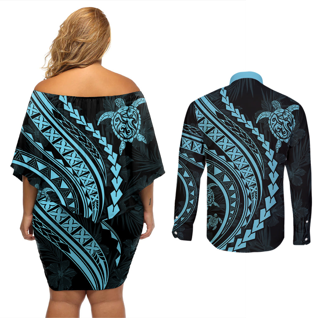 Polynesian Pride Couples Matching Off Shoulder Short Dress and Long Sleeve Button Shirts Turtle Hibiscus Luxury Style - Aquamarine LT7 - Wonder Print Shop
