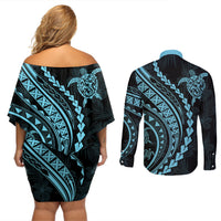 Polynesian Pride Couples Matching Off Shoulder Short Dress and Long Sleeve Button Shirts Turtle Hibiscus Luxury Style - Aquamarine LT7 - Wonder Print Shop