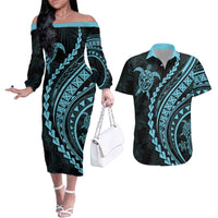 Polynesian Pride Couples Matching Off The Shoulder Long Sleeve Dress and Hawaiian Shirt Turtle Hibiscus Luxury Style - Aquamarine LT7 - Wonder Print Shop