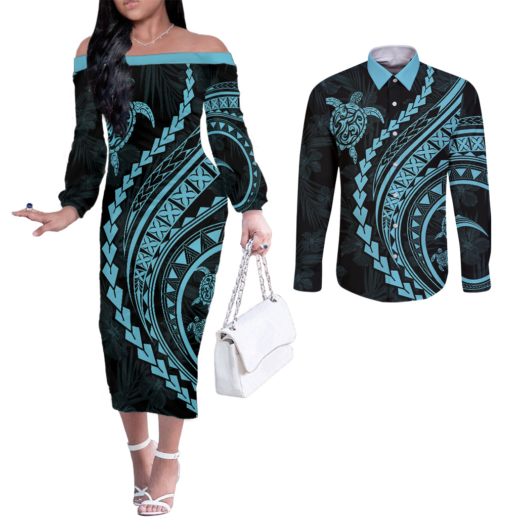 polynesian-pride-couples-matching-off-the-shoulder-long-sleeve-dress-and-long-sleeve-button-shirts-turtle-hibiscus-luxury-style-aquamarine
