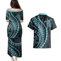 Polynesian Pride Couples Matching Puletasi Dress and Hawaiian Shirt Turtle Hibiscus Luxury Style - Aquamarine LT7 - Wonder Print Shop