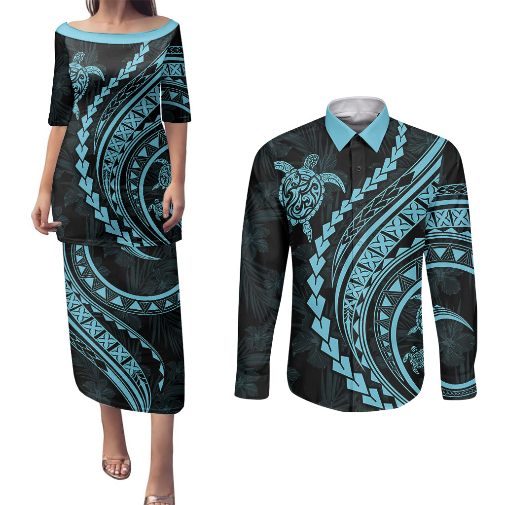 Polynesian Pride Couples Matching Puletasi Dress and Long Sleeve Button Shirts Turtle Hibiscus Luxury Style - Aquamarine LT7 - Wonder Print Shop