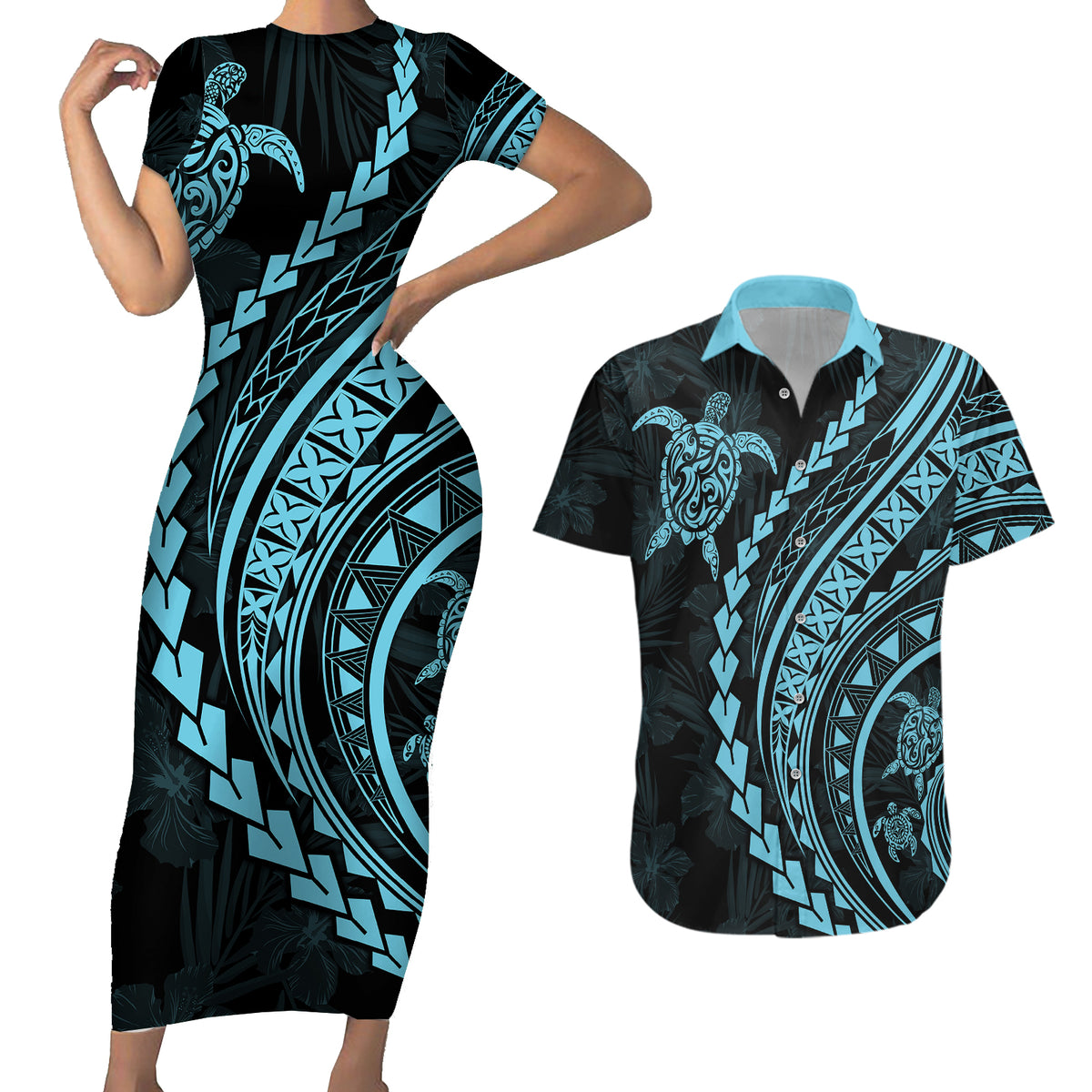 Polynesian Pride Couples Matching Short Sleeve Bodycon Dress and Hawaiian Shirt Turtle Hibiscus Luxury Style - Aquamarine LT7 - Wonder Print Shop