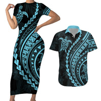 Polynesian Pride Couples Matching Short Sleeve Bodycon Dress and Hawaiian Shirt Turtle Hibiscus Luxury Style - Aquamarine LT7 - Wonder Print Shop