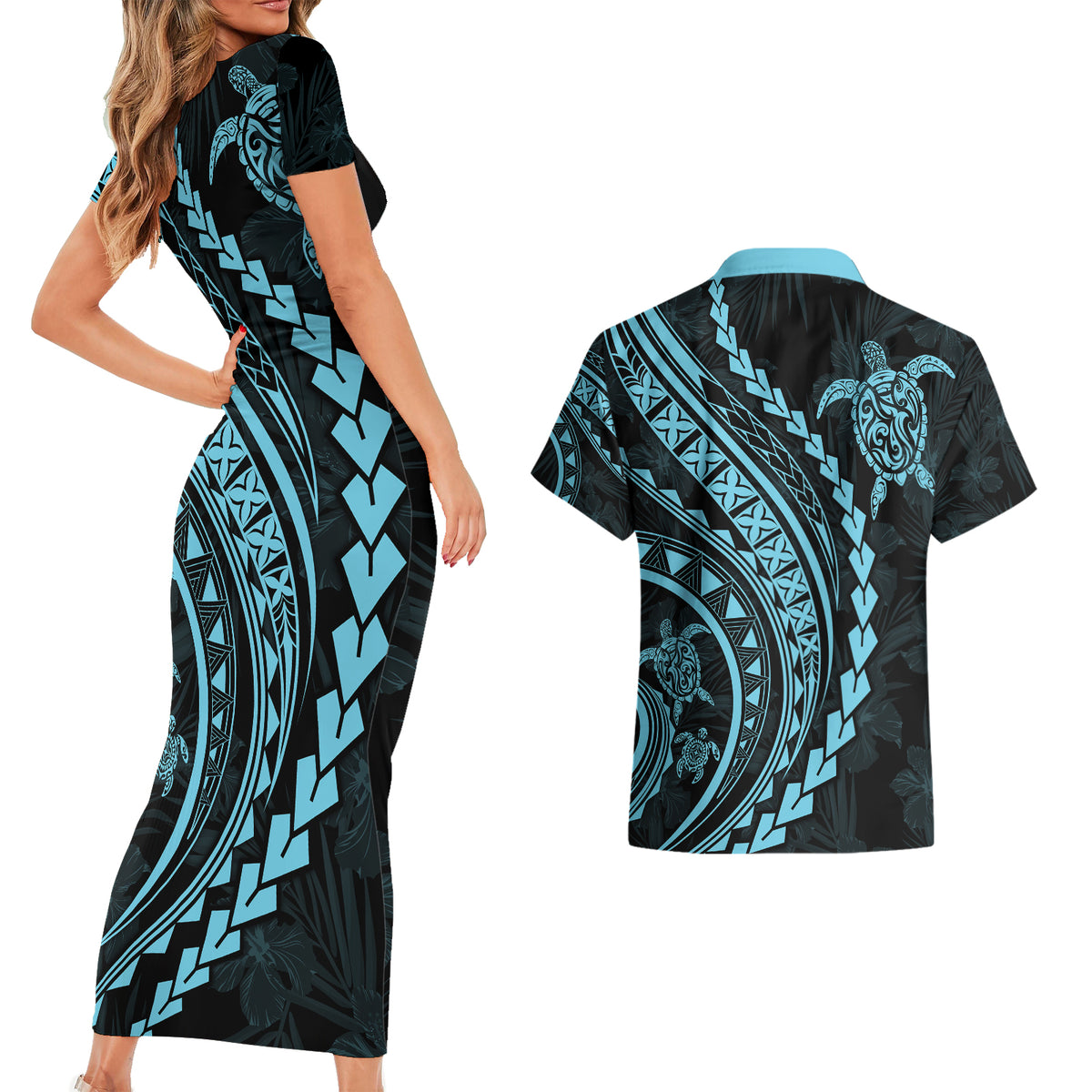 Polynesian Pride Couples Matching Short Sleeve Bodycon Dress and Hawaiian Shirt Turtle Hibiscus Luxury Style - Aquamarine LT7 - Wonder Print Shop