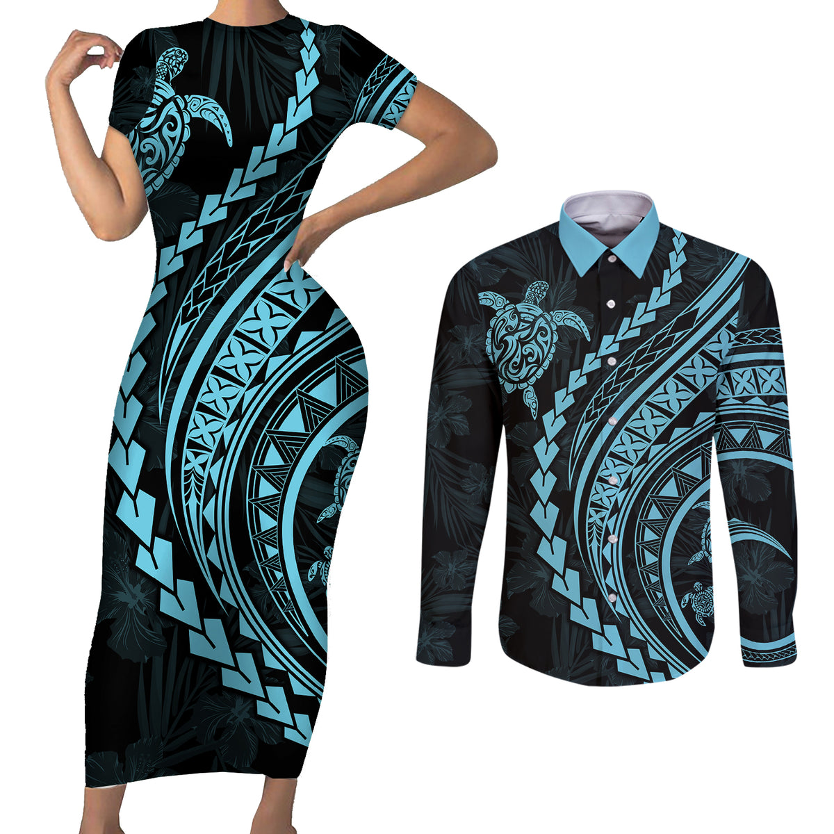 Polynesian Pride Couples Matching Short Sleeve Bodycon Dress and Long Sleeve Button Shirts Turtle Hibiscus Luxury Style - Aquamarine LT7 - Wonder Print Shop