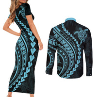 Polynesian Pride Couples Matching Short Sleeve Bodycon Dress and Long Sleeve Button Shirts Turtle Hibiscus Luxury Style - Aquamarine LT7 - Wonder Print Shop