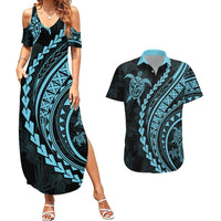 Polynesian Pride Couples Matching Summer Maxi Dress and Hawaiian Shirt Turtle Hibiscus Luxury Style - Aquamarine LT7 - Wonder Print Shop