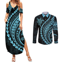 Polynesian Pride Couples Matching Summer Maxi Dress and Long Sleeve Button Shirts Turtle Hibiscus Luxury Style - Aquamarine LT7 - Wonder Print Shop