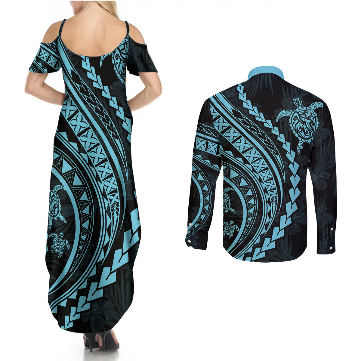 Polynesian Pride Couples Matching Summer Maxi Dress and Long Sleeve Button Shirts Turtle Hibiscus Luxury Style - Aquamarine LT7 - Wonder Print Shop