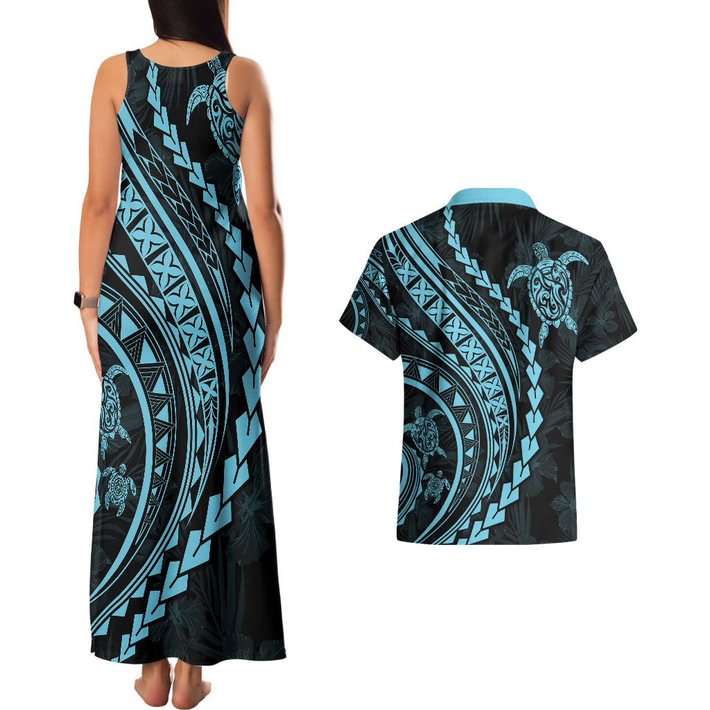 Polynesian Pride Couples Matching Tank Maxi Dress and Hawaiian Shirt Turtle Hibiscus Luxury Style - Aquamarine LT7 - Wonder Print Shop