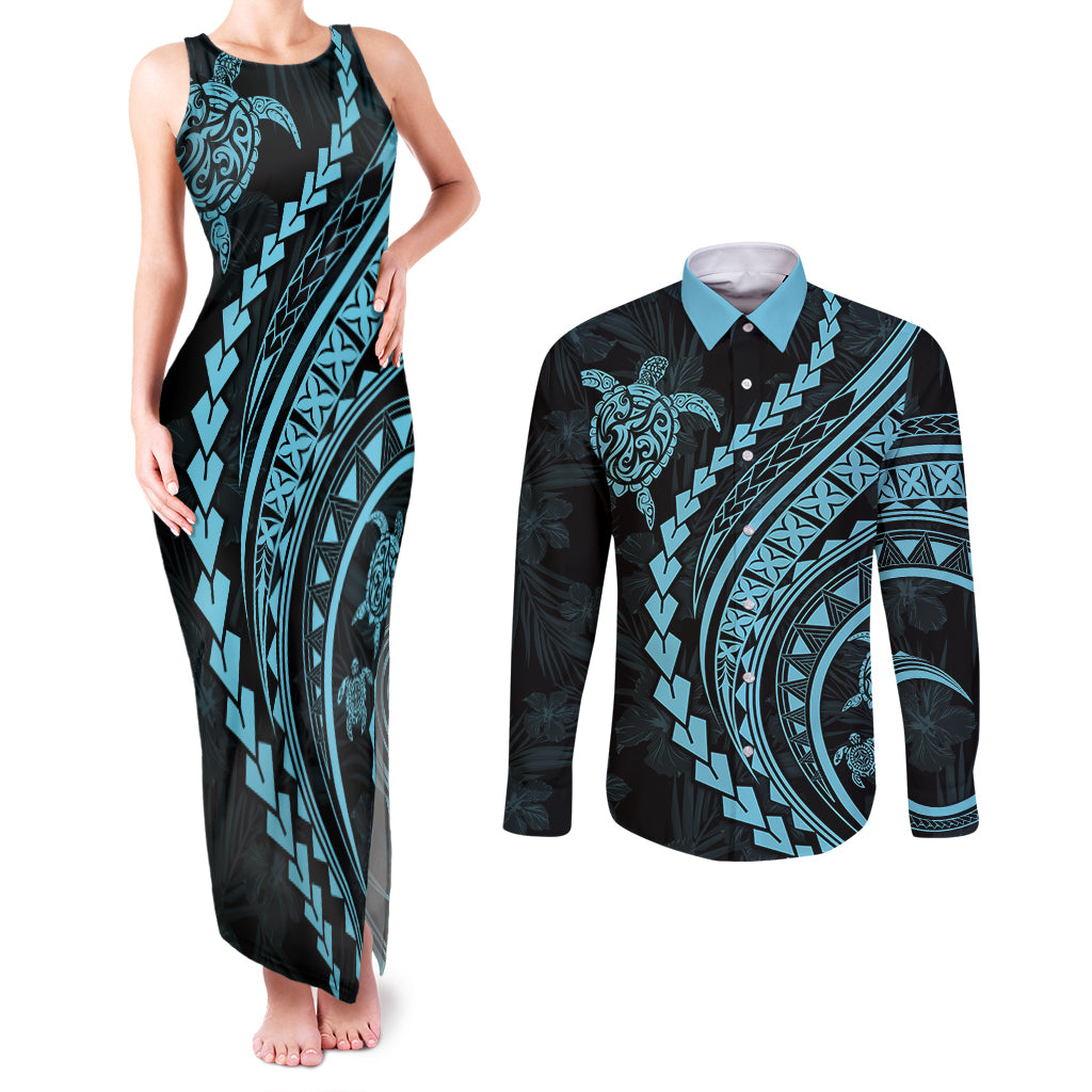 Polynesian Pride Couples Matching Tank Maxi Dress and Long Sleeve Button Shirts Turtle Hibiscus Luxury Style - Aquamarine LT7 - Wonder Print Shop