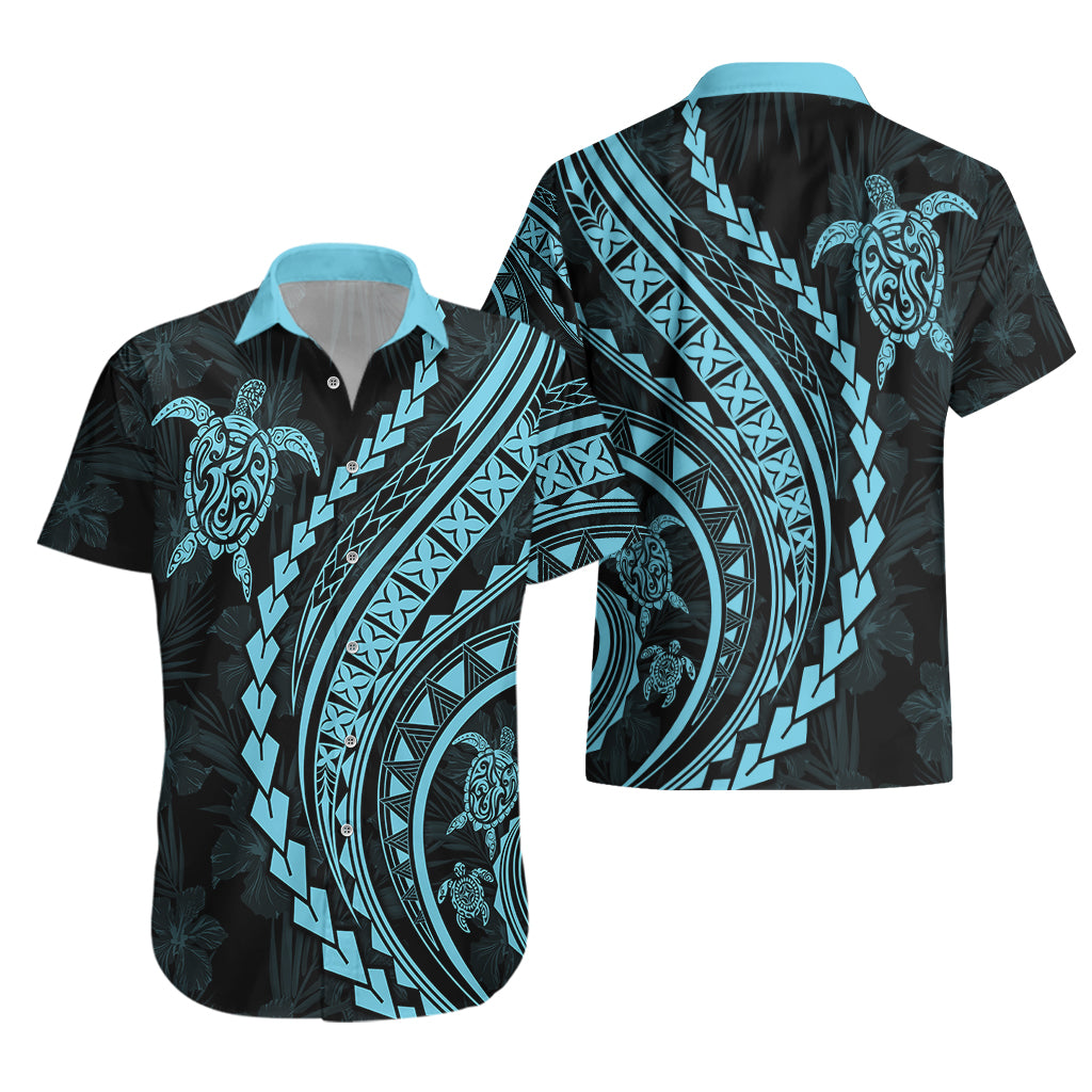 Polynesian Pride Hawaiian Shirt Turtle Hibiscus Luxury Style - Aquamarine - Wonder Print Shop