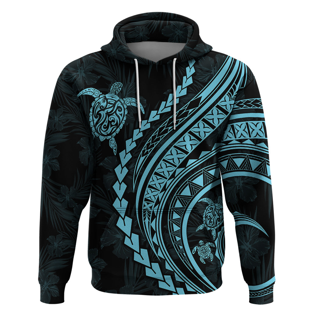 Polynesian Pride Hoodie Turtle Hibiscus Luxury Style - Aquamarine - Wonder Print Shop
