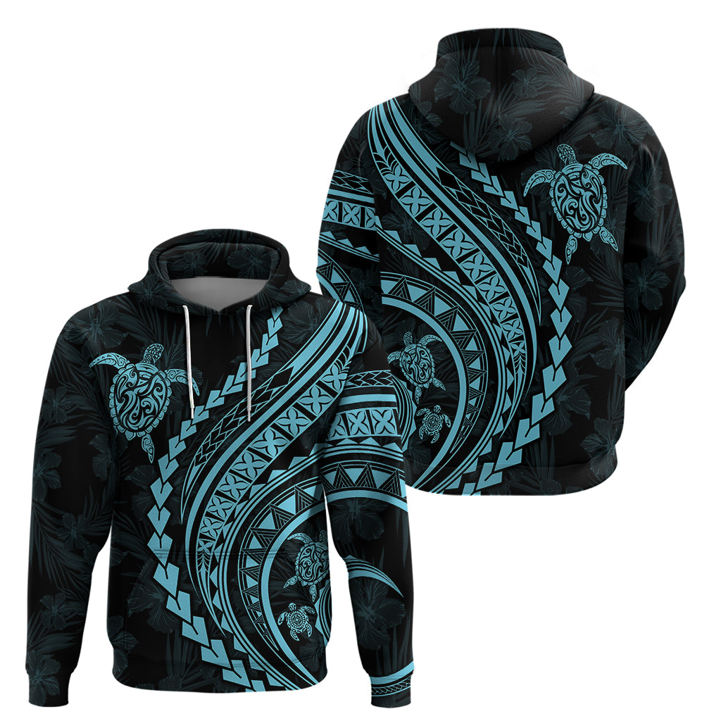 Polynesian Pride Hoodie Turtle Hibiscus Luxury Style - Aquamarine - Wonder Print Shop