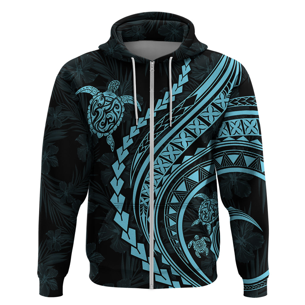Polynesian Pride Hoodie Turtle Hibiscus Luxury Style - Aquamarine - Wonder Print Shop