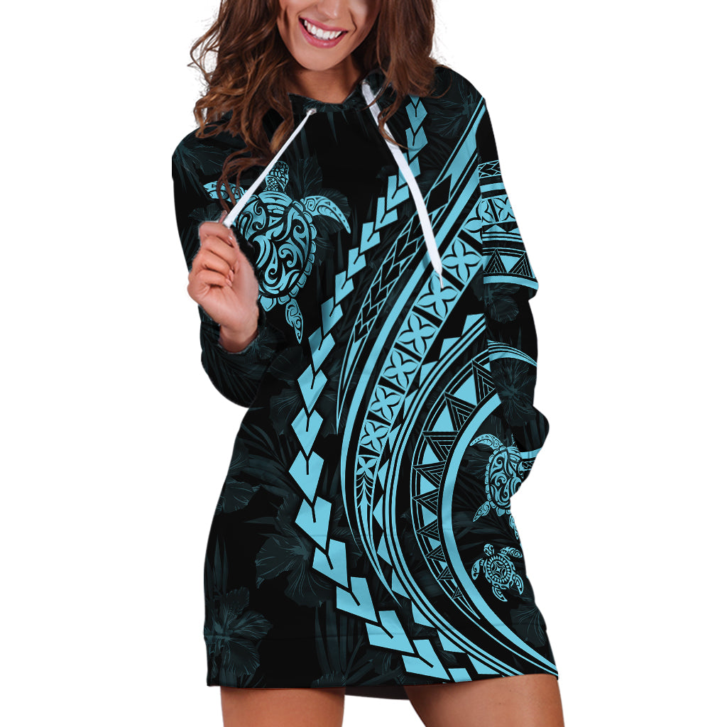 Polynesian Pride Hoodie Dress Turtle Hibiscus Luxury Style - Aquamarine - Wonder Print Shop