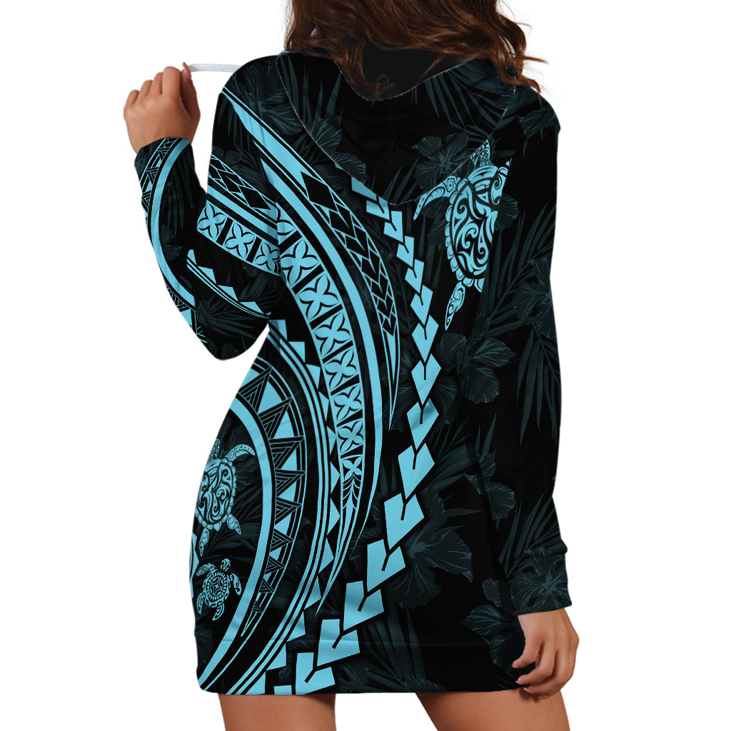Polynesian Pride Hoodie Dress Turtle Hibiscus Luxury Style - Aquamarine - Wonder Print Shop
