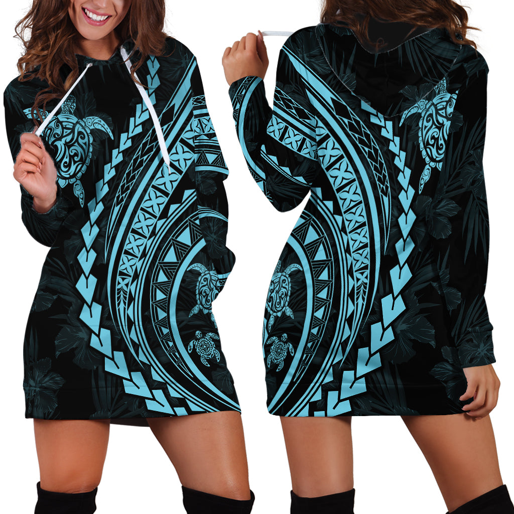 Polynesian Pride Hoodie Dress Turtle Hibiscus Luxury Style - Aquamarine - Wonder Print Shop