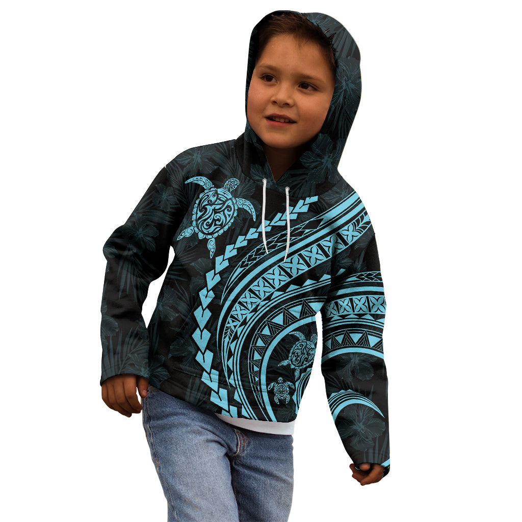 Polynesian Pride Kid Hoodie Turtle Hibiscus Luxury Style - Aquamarine - Wonder Print Shop