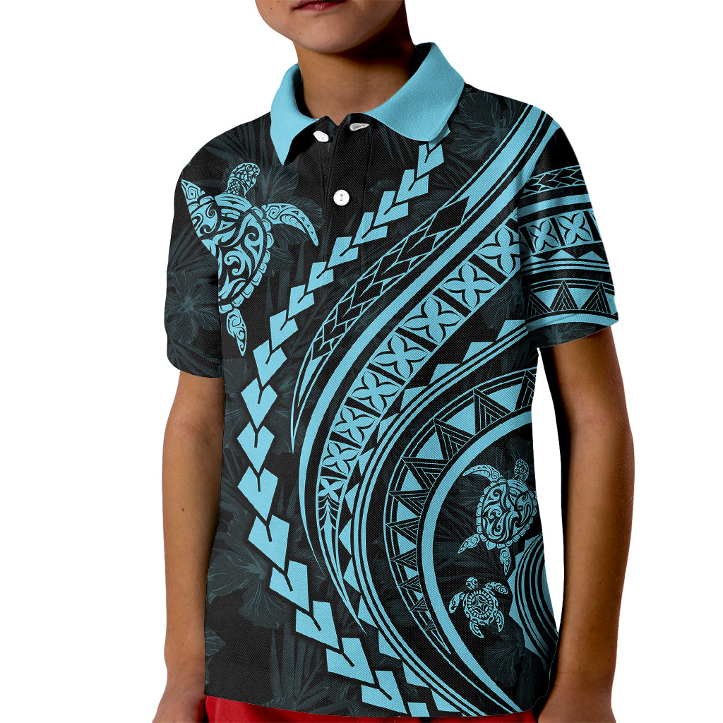 Polynesian Pride Kid Polo Shirt Turtle Hibiscus Luxury Style - Aquamarine - Wonder Print Shop