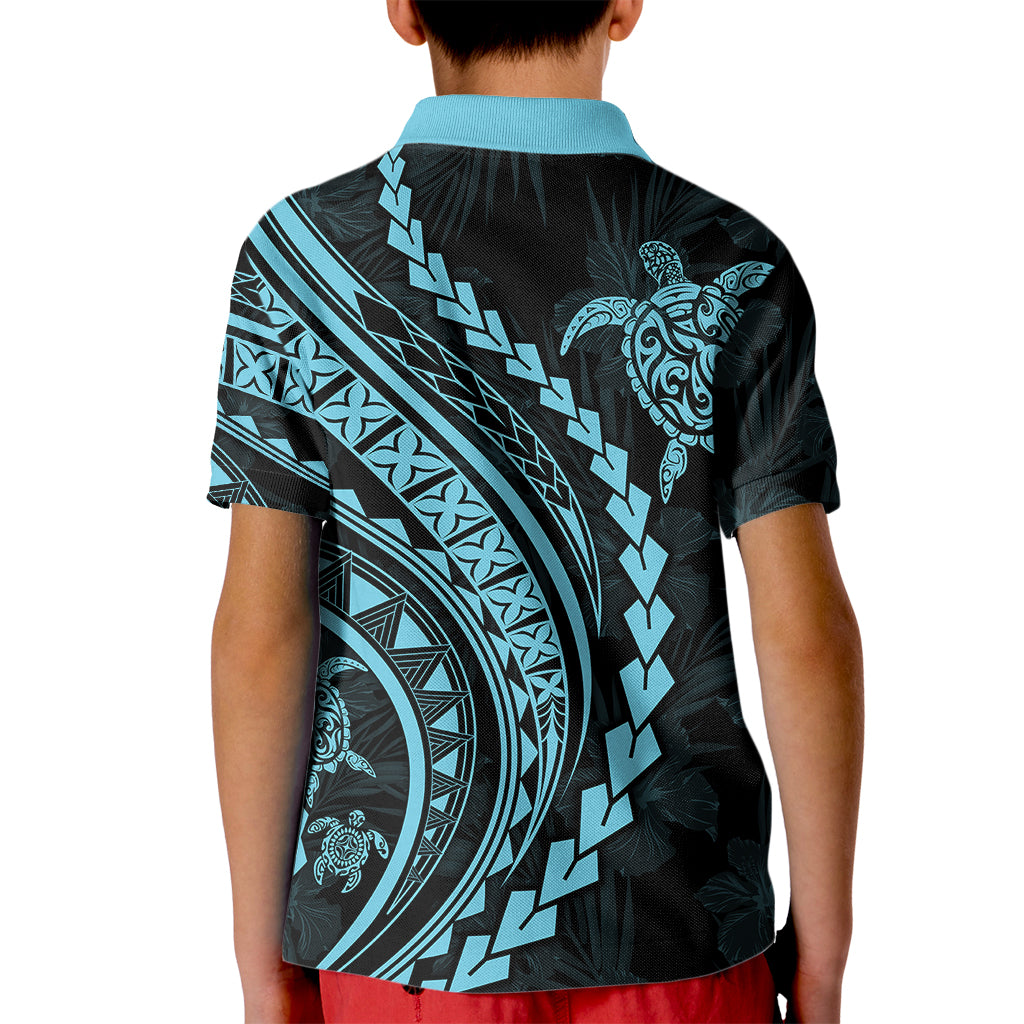 Polynesian Pride Kid Polo Shirt Turtle Hibiscus Luxury Style - Aquamarine - Wonder Print Shop