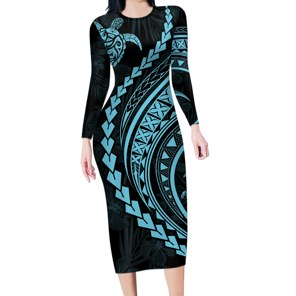 Polynesian Pride Long Sleeve Bodycon Dress Turtle Hibiscus Luxury Style - Aquamarine - Wonder Print Shop