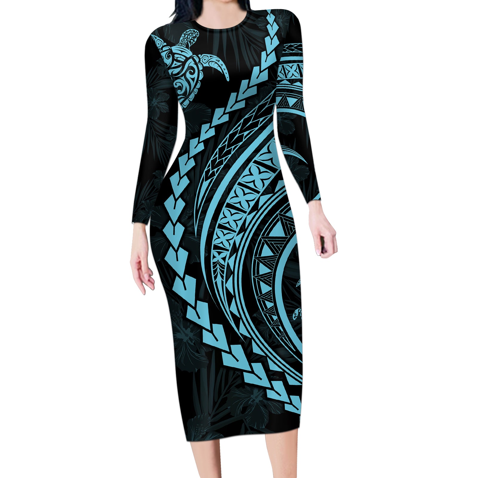 Polynesian Pride Long Sleeve Bodycon Dress Turtle Hibiscus Luxury Style - Aquamarine - Wonder Print Shop
