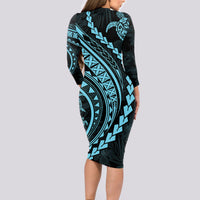 Polynesian Pride Long Sleeve Bodycon Dress Turtle Hibiscus Luxury Style - Aquamarine - Wonder Print Shop
