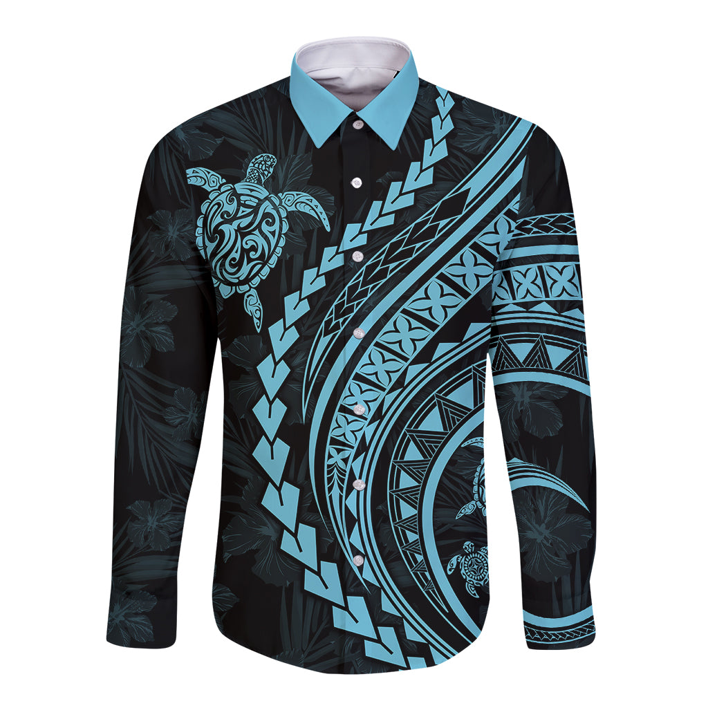 Polynesian Pride Long Sleeve Button Shirt Turtle Hibiscus Luxury Style - Aquamarine - Wonder Print Shop