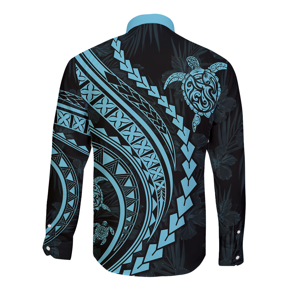 Polynesian Pride Long Sleeve Button Shirt Turtle Hibiscus Luxury Style - Aquamarine - Wonder Print Shop