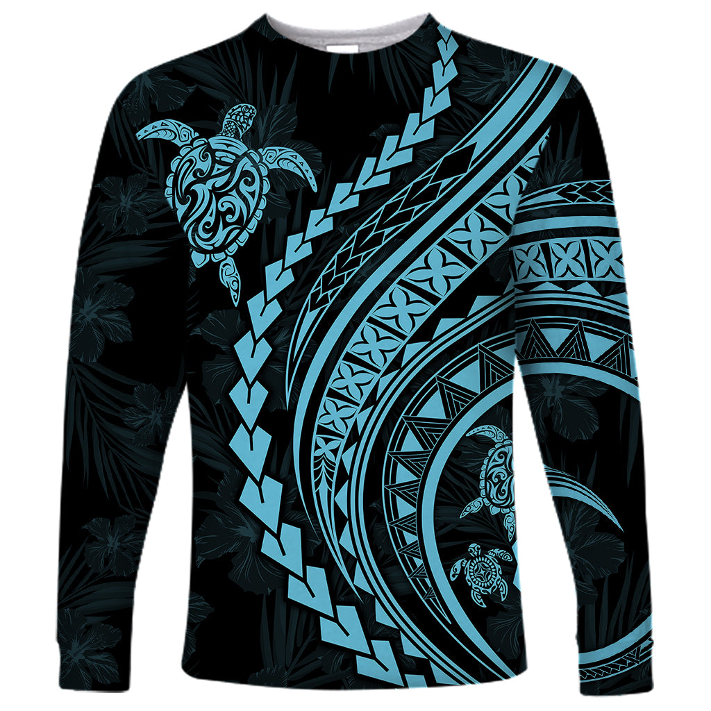 Polynesian Pride Long Sleeve Shirt Turtle Hibiscus Luxury Style - Aquamarine - Wonder Print Shop