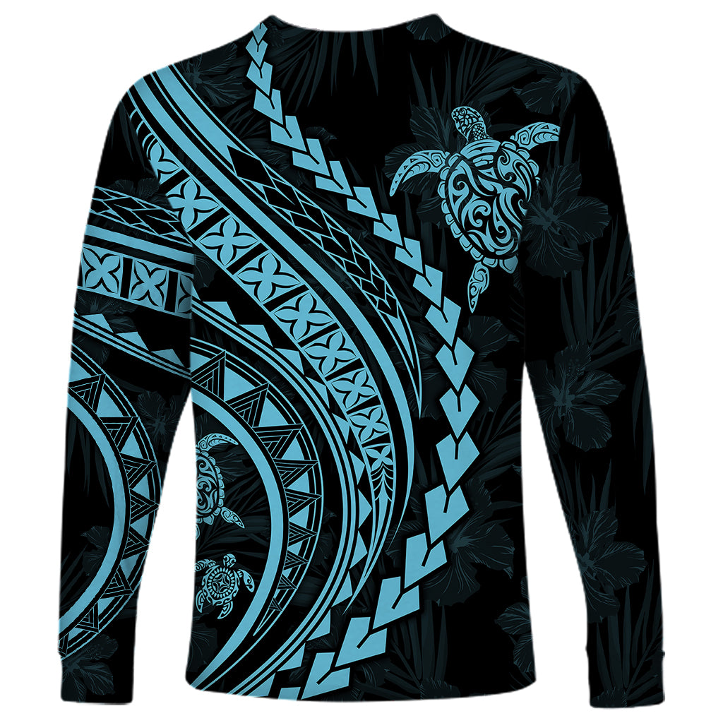 Polynesian Pride Long Sleeve Shirt Turtle Hibiscus Luxury Style - Aquamarine - Wonder Print Shop