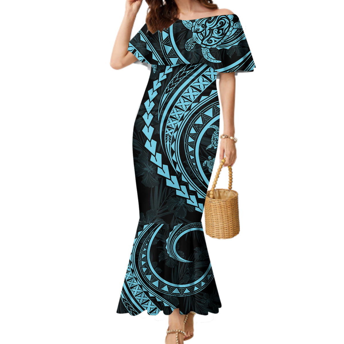 Polynesian Pride Mermaid Dress Turtle Hibiscus Luxury Style - Aquamarine - Wonder Print Shop