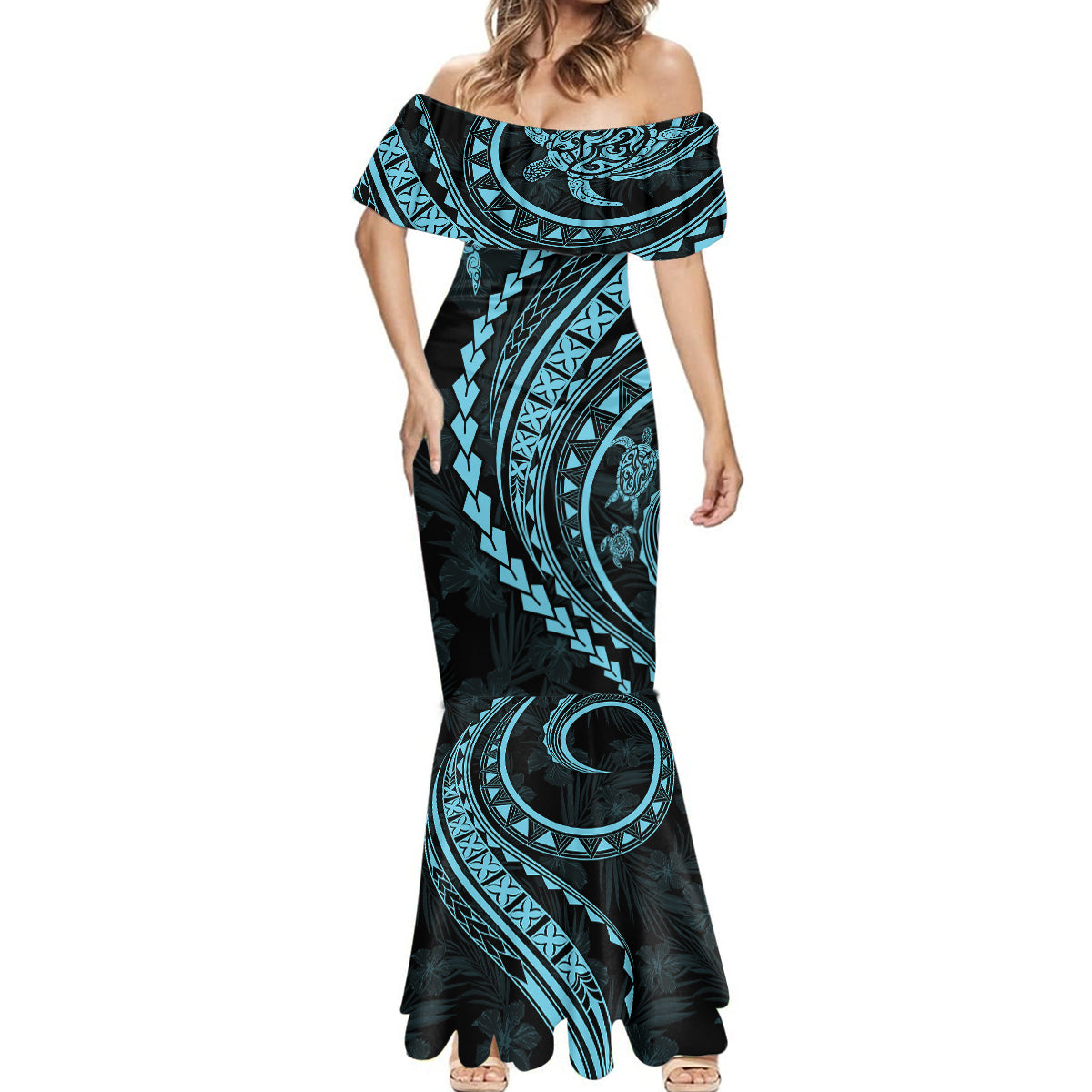 Polynesian Pride Mermaid Dress Turtle Hibiscus Luxury Style - Aquamarine - Wonder Print Shop