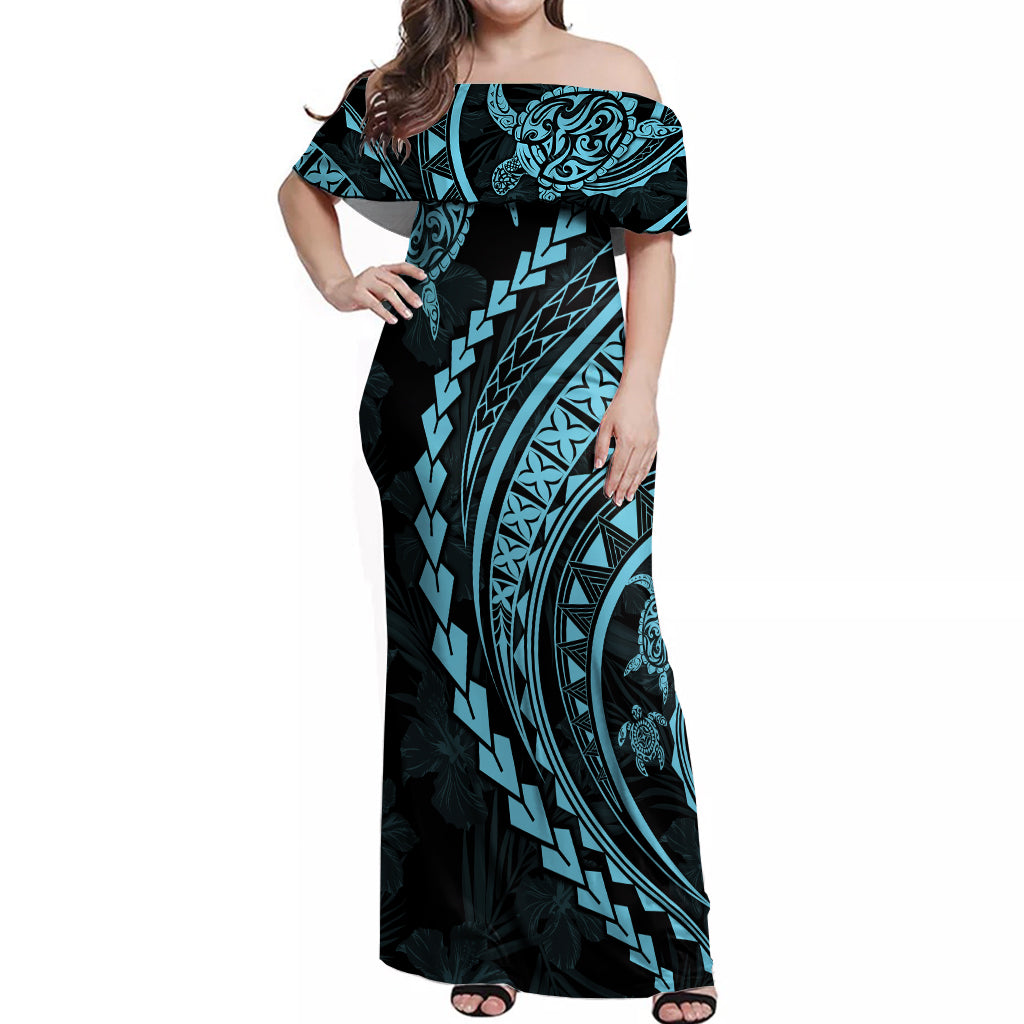 Polynesian Pride Off Shoulder Maxi Dress Turtle Hibiscus Luxury Style - Aquamarine - Wonder Print Shop