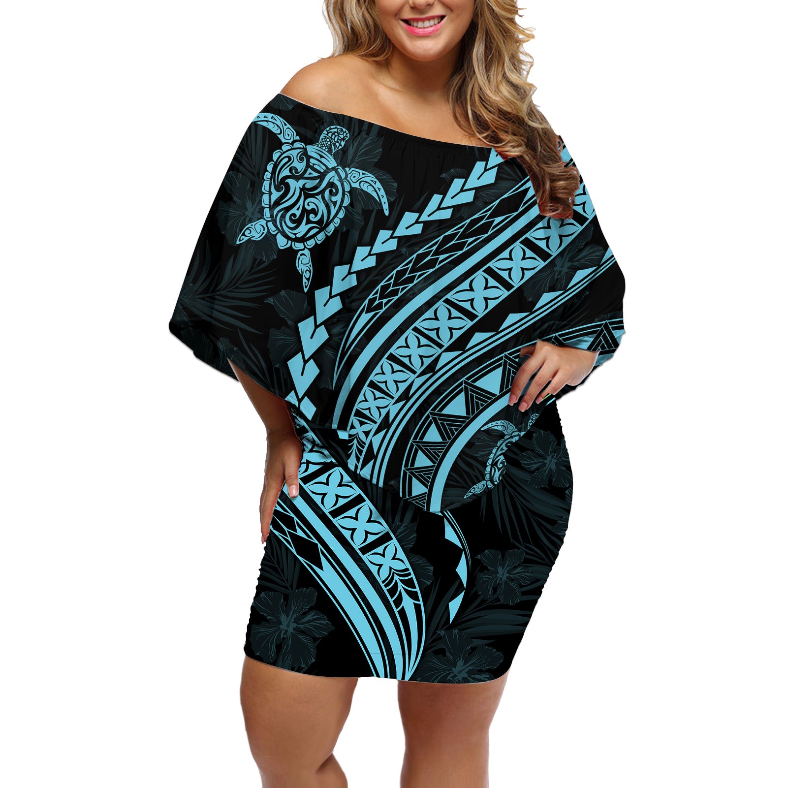 Polynesian Pride Off Shoulder Short Dress Turtle Hibiscus Luxury Style - Aquamarine - Wonder Print Shop