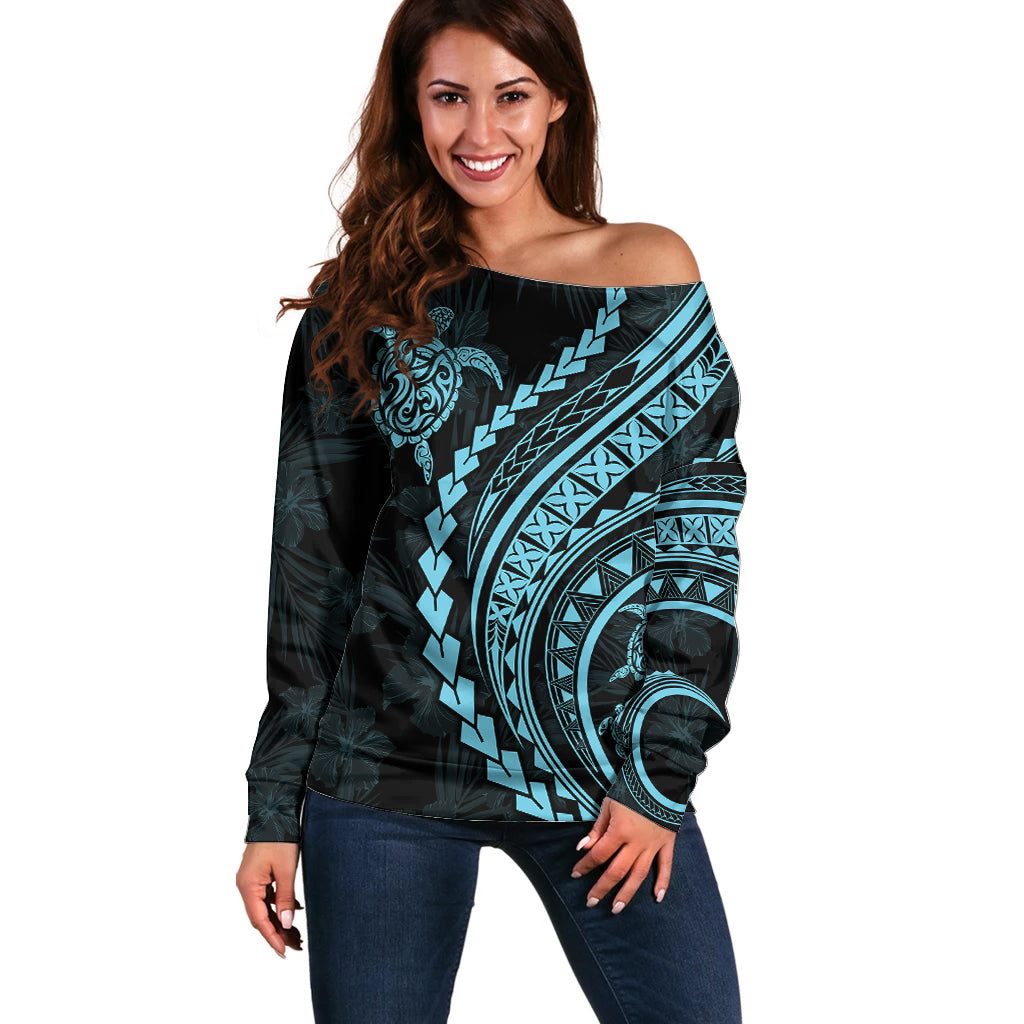 Polynesian Pride Off Shoulder Sweater Turtle Hibiscus Luxury Style - Aquamarine - Wonder Print Shop