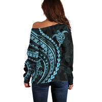 Polynesian Pride Off Shoulder Sweater Turtle Hibiscus Luxury Style - Aquamarine - Wonder Print Shop