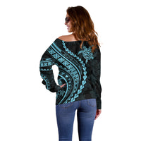 Polynesian Pride Off Shoulder Sweater Turtle Hibiscus Luxury Style - Aquamarine - Wonder Print Shop