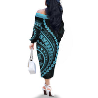 Polynesian Pride Off The Shoulder Long Sleeve Dress Turtle Hibiscus Luxury Style - Aquamarine - Wonder Print Shop