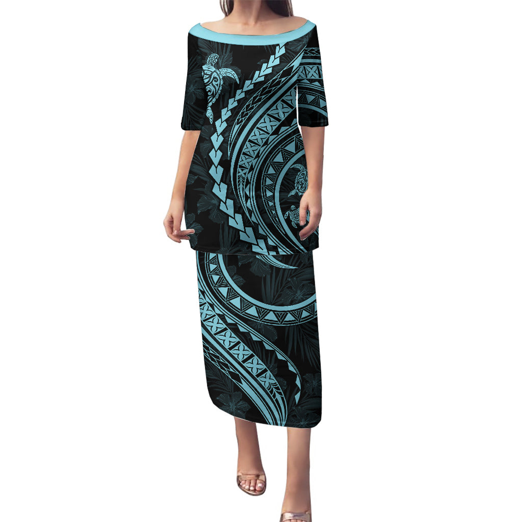 Polynesian Pride Puletasi Turtle Hibiscus Luxury Style - Aquamarine - Wonder Print Shop